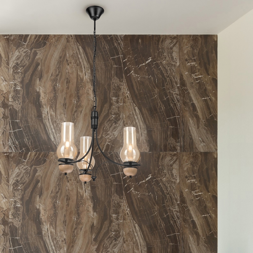 Brilagi - Lustre LED sur chaîne COTTAGE 3xE14/40W/230V chêne/noir/beige fumé