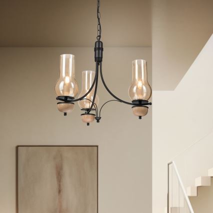 Brilagi - Lustre LED sur chaîne COTTAGE 3xE14/40W/230V chêne/noir/beige fumé