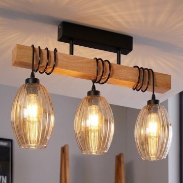 Brilagi - Lustre plafonnier à montage en surface WOOD GLASS 3xE27/60W/230V pin/noir/beige fumé