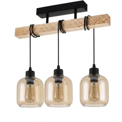 Brilagi - Plafonnier WOOD GLASS 3xE27/60W/230V pin/noir/brun fumé