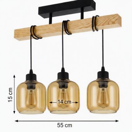 Brilagi - Plafonnier WOOD GLASS 3xE27/60W/230V pin/noir/brun fumé
