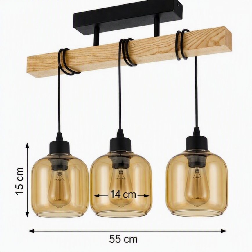 Brilagi - Plafonnier WOOD GLASS 3xE27/60W/230V pin/noir/brun fumé