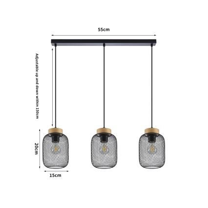 Brilagi - Pendelleuchte an Kabel BASKLITE 3xE27/15W/230V Gummibaumholz/schwarz