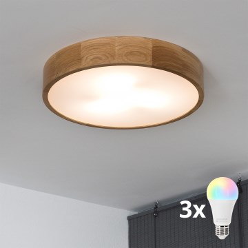 Brilagi - Plafoniera LED RGBW dimmerabile CARVALHO 3xE27/15W/230V 2700-6500K Wi-Fi rovere Ø 47,5 cm