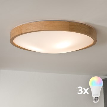 Brilagi - Plafoniera LED RGBW dimmerabile CARVALHO SLIM 3xE27/9W/230V 2700-6500K Wi-Fi rovere Ø 47 cm