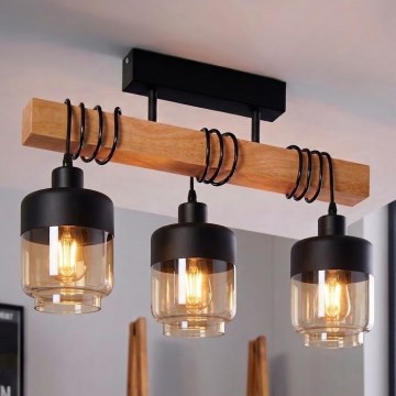 Brilagi - Plafonnier WOOD GLASS 3xE27/60W/230V pin/noir/brun fumé