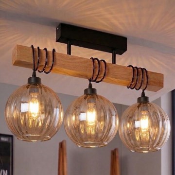 Brilagi - Plafonnier WOOD GLASS 3xE27/60W/230V pin/noir/brun fumé