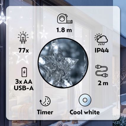 BRILAGI - Rideau de Noël extérieur 77xLED/3xAA/USB 1,8m IP44 blanc froid