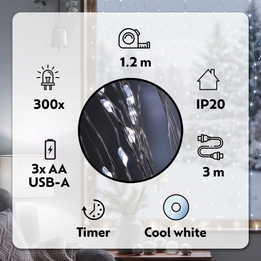 BRILAGI - Rideau de Noël LED 300xLED/8 fonctions/3xAA/USB 1,2m blanc froid