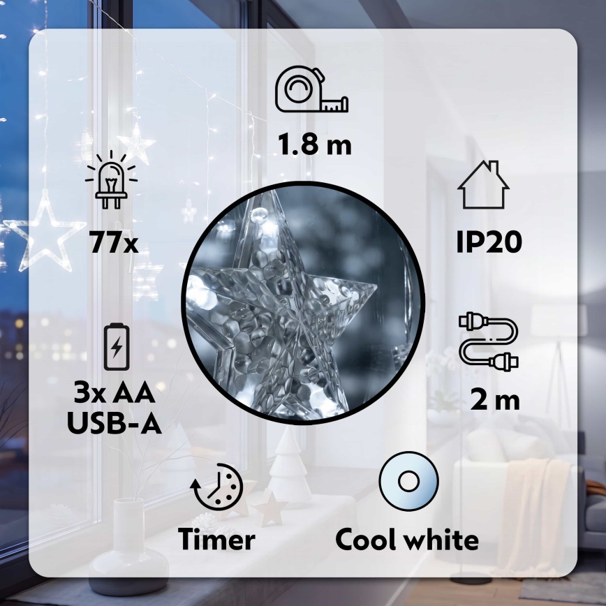 BRILAGI - Rideau de Noël LED 77xLED/3xAA/USB 1,8m blanc froid