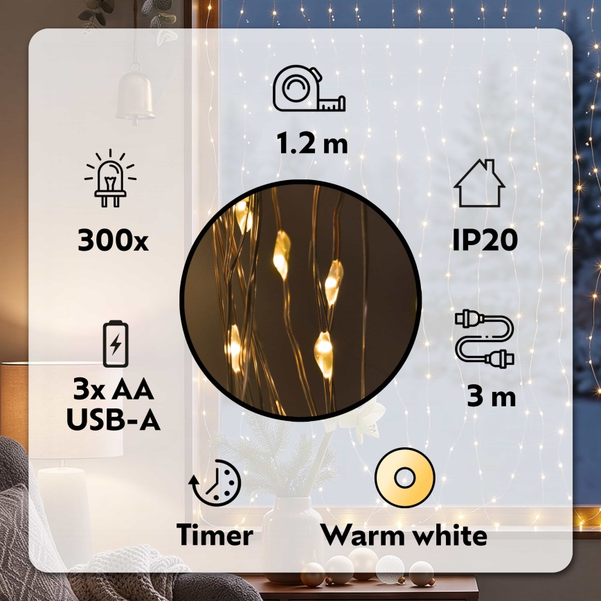 BRILAGI - Rideau lumineux LED de Noël 300xLED/8 fonctions/3xAA/USB 1,2m blanc chaud