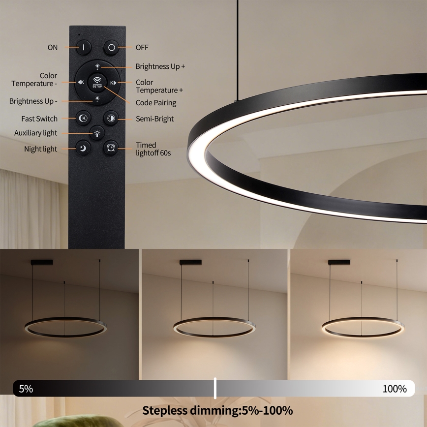Brilagi - Lampadario LED dimmerabile a sospensione su cavo PORTOFINO LED/60W/230V 3000-6000K Ø 80 cm nero + telecomando