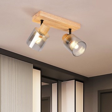 Brilagi - Spotleuchte HYGGE 2xE14/15W/230V Gummibaumholz/Rauchglas