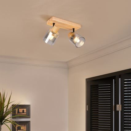 Brilagi - Spotleuchte HYGGE 2xE14/15W/230V Gummibaumholz/Rauchglas