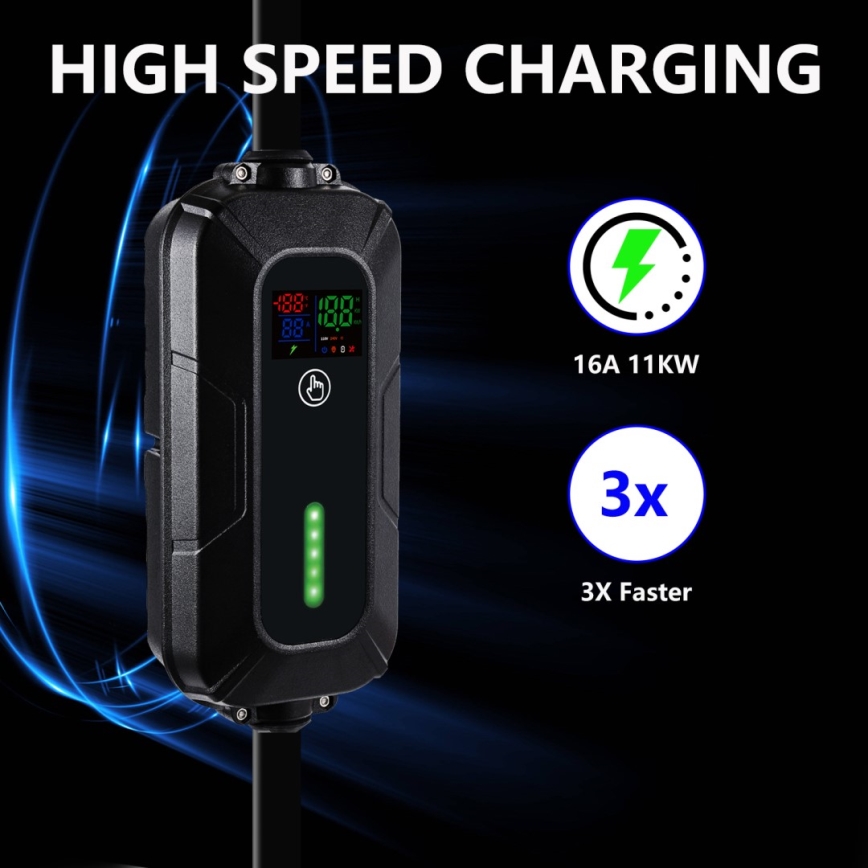 Brilagi - Stazione di ricarica per auto elettriche da viaggio FAST AC Tipo 2 16A/380V 11kW + spina 230V, 3,7kW 5m + custodia