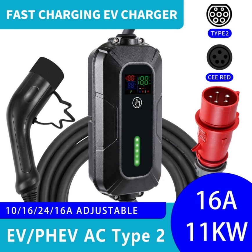 Brilagi - Stazione di ricarica per auto elettriche da viaggio FAST AC Tipo 2 16A/380V 11kW + spina 230V, 3,7kW 5m + custodia