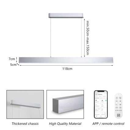 Brilagi - Suspension filaire à intensité variable SLEEKLINE SMART LED/40W/230V 3000-6000K Wi-Fi Tuya argent + télécommande