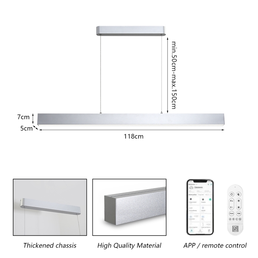 Brilagi - Suspension filaire à intensité variable SLEEKLINE SMART LED/40W/230V 3000-6000K Wi-Fi Tuya argent + télécommande
