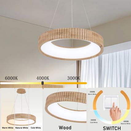 Brilagi - Suspension LED sur câble FALCON WOOD MODERN, LED 30 W, 230 V, 3000/4000/6000 K, Ø 45 cm, bois
