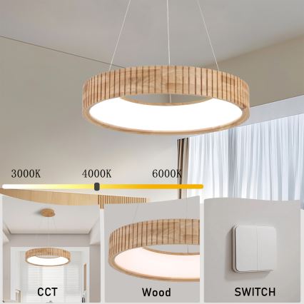 Brilagi - Suspension LED sur câble FALCON WOOD MODERN, LED 30 W, 230 V, 3000/4000/6000 K, Ø 45 cm, bois