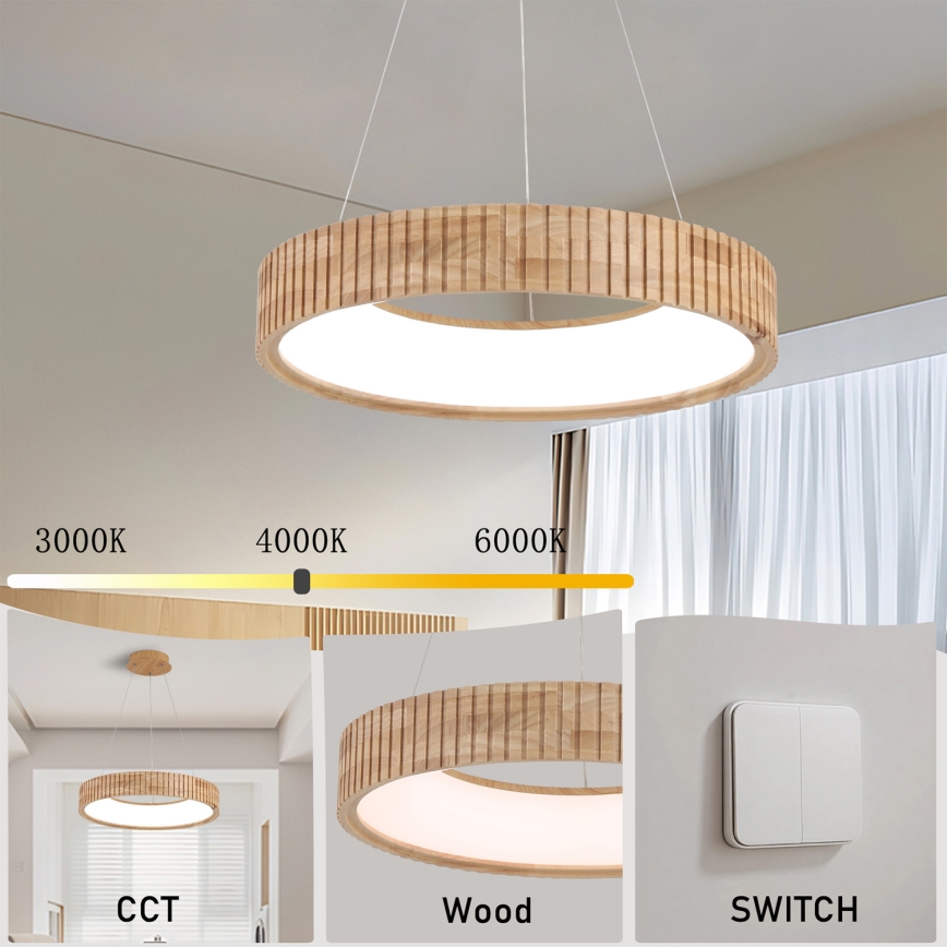 Brilagi - Suspension LED sur câble FALCON WOOD MODERN, LED 30 W, 230 V, 3000/4000/6000 K, Ø 45 cm, bois