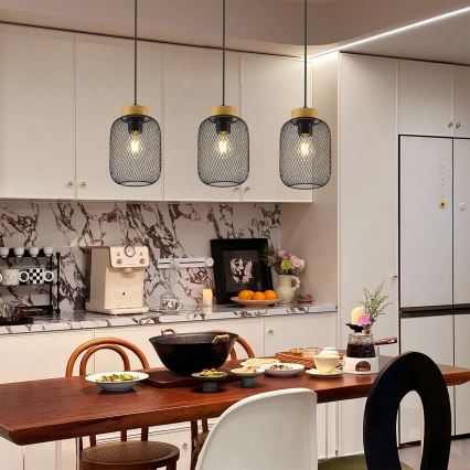 Brilagi - Suspension sur câble BASKLITE 3xE27/15W/230V bois d'hévéa/noir