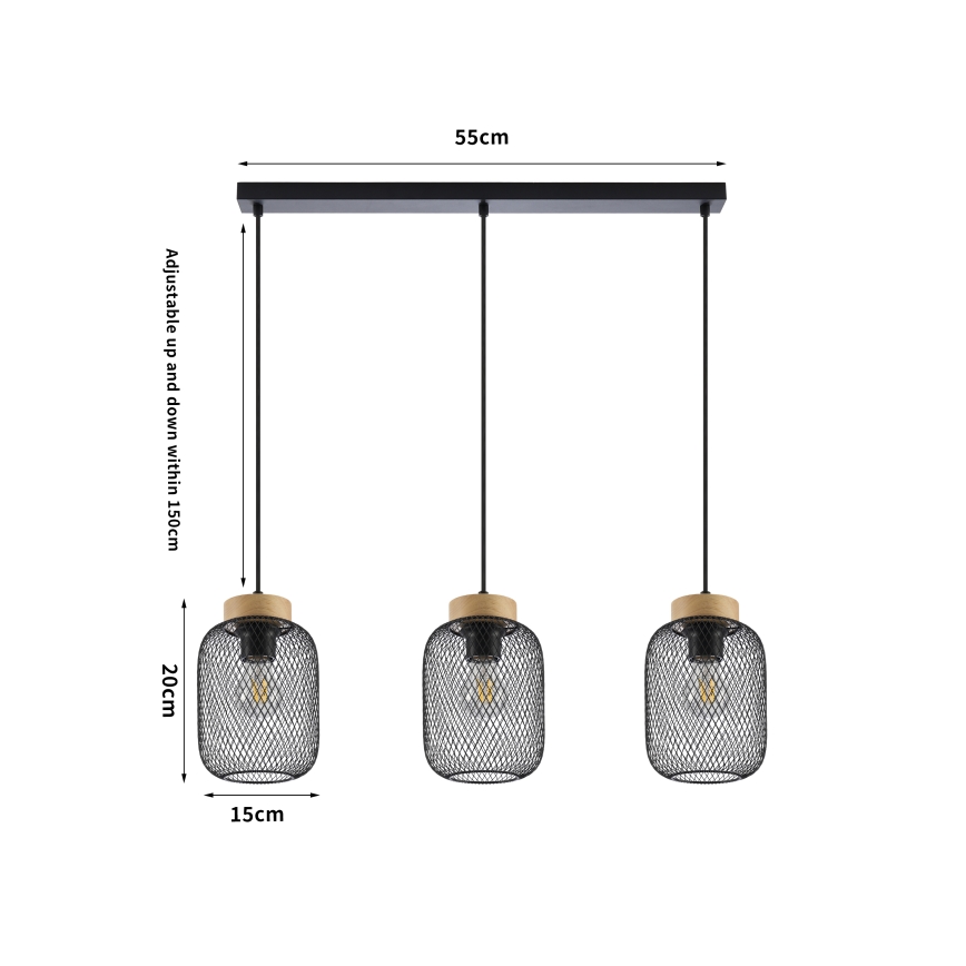 Brilagi - Suspension sur câble BASKLITE 3xE27/15W/230V bois d'hévéa/noir