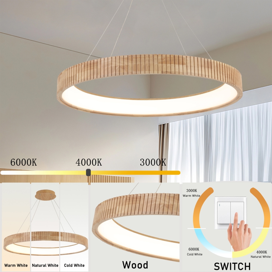 Brilagi - Suspension LED sur câble FALCON WOOD MODERN LED/60W/230V 3000/4000/6000K Ø 80 cm bois