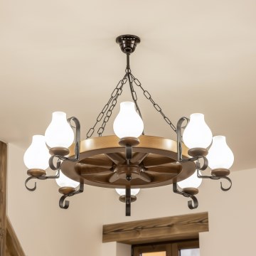 Brilagi - Suspension sur chaîne ROATA 8xE14/40W/230V Ø 70 cm hêtre/noyer