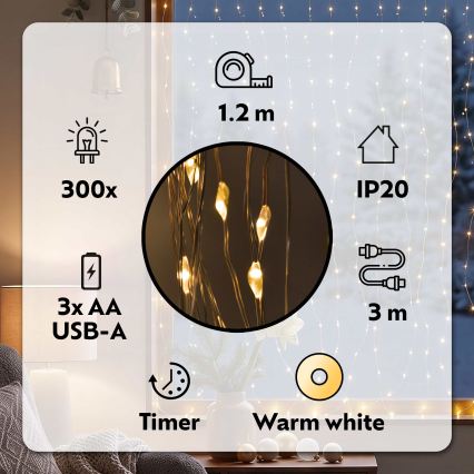 BRILAGI - Tenda luminosa di Natale a LED 300xLED/8 funzioni/3xAA/USB 1,2m bianco caldo