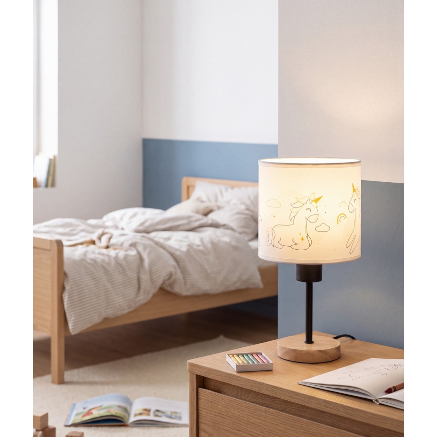 Brilagi - Kinder-Tischlampe BOBO WOOD 1xE27/25W/230V Eiche/schwarz/weiß/Einhörner