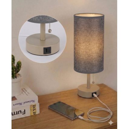Brilagi - Tischlampe mit USB-Anschluss TABLON 1xE27/25W/230V beige/grau