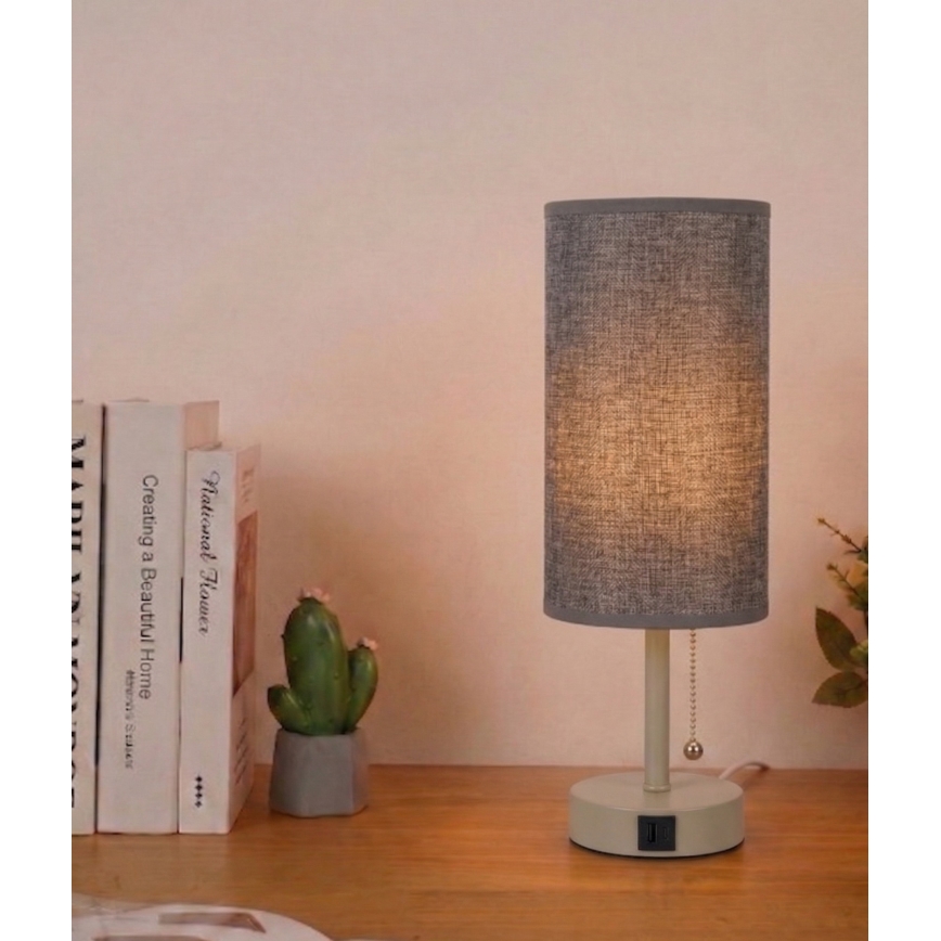 Brilagi - Tischlampe mit USB-Anschluss TABLON 1xE27/25W/230V beige/grau