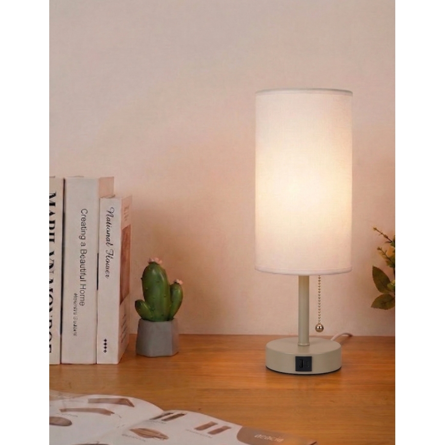 Brilagi - Tischlampe mit USB-Anschluss TABLON 1xE27/25W/230V beige/weiß