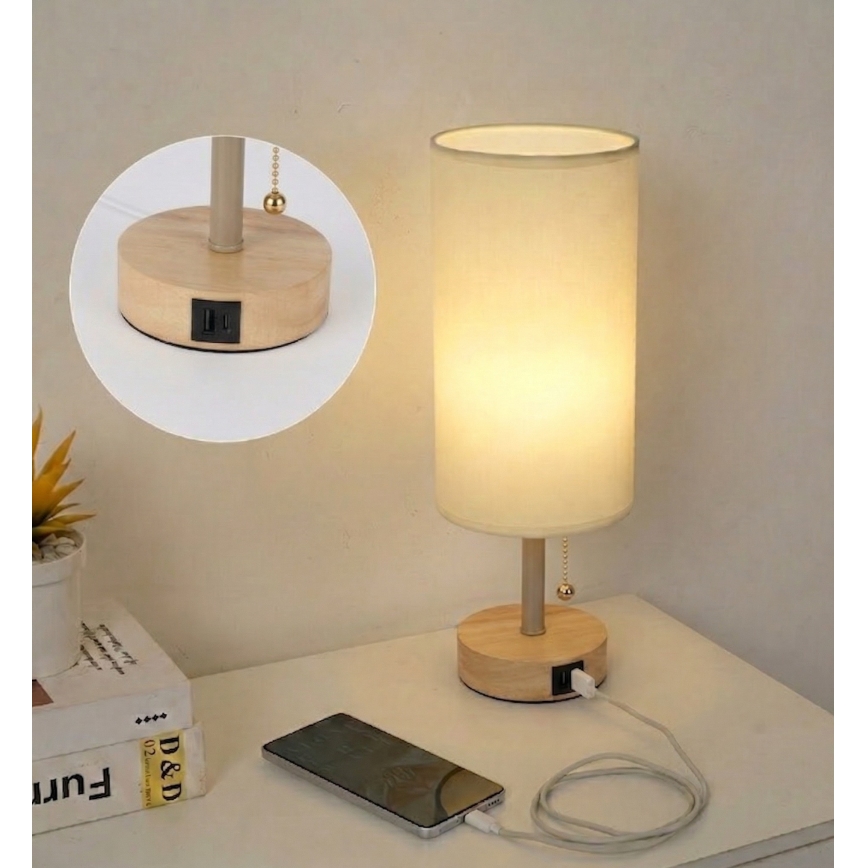 Brilagi - Tischlampe mit USB-Anschluss TABLON 1xE27/25W/230V Eiche/Beige/Creme