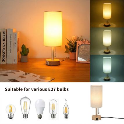 Brilagi - Tischlampe mit USB-Anschluss TABLON 1xE27/25W/230V Eiche/Beige/Creme