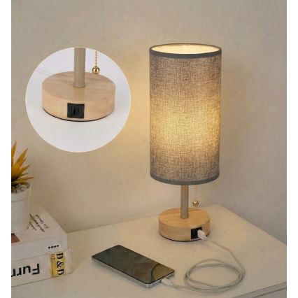 Brilagi - Tischlampe mit USB-Anschluss TABLON 1xE27/25W/230V Eiche/beige/grau