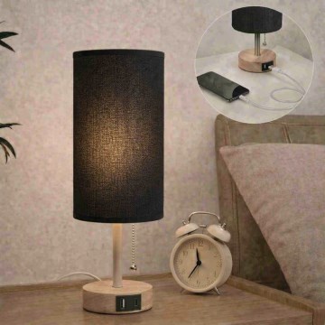 Brilagi - Tischlampe mit USB-Anschluss TABLON 1xE27/25W/230V Eiche/Beige/Schwarz