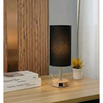Brilagi - Tischlampe mit USB-Anschluss TABLON 1xE27/25W/230V Eiche/Beige/Schwarz
