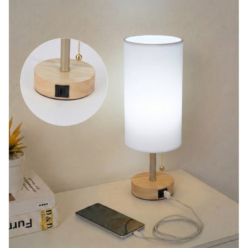 Brilagi - Tischlampe mit USB-Anschluss TABLON 1xE27/25W/230V Eiche/beige/weiß