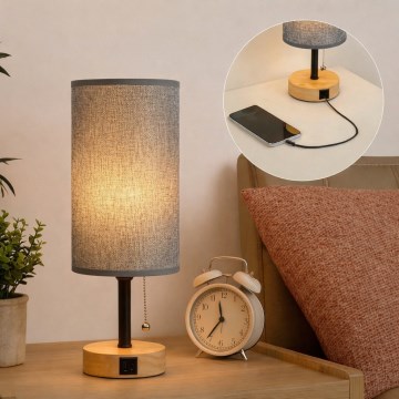 Brilagi - Tischlampe mit USB-Anschluss TABLON 1xE27/25W/230V Eiche/Schwarz/Grau