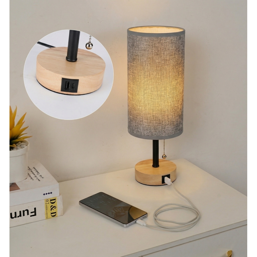 Brilagi - Tischlampe mit USB-Anschluss TABLON 1xE27/25W/230V Eiche/Schwarz/Grau