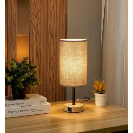 Brilagi - Tischlampe mit USB-Anschluss TABLON 1xE27/25W/230V Eiche/Schwarz/Grau