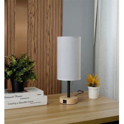Brilagi - Tischlampe mit USB-Anschluss TABLON 1xE27/25W/230V Eiche/schwarz/weiß
