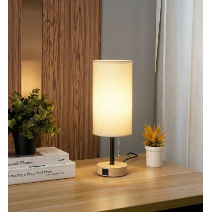 Brilagi - Tischlampe mit USB-Anschluss TABLON 1xE27/25W/230V Eiche/schwarz/weiß