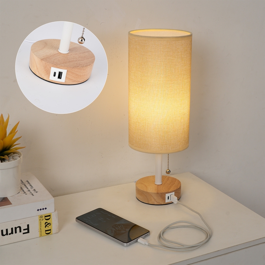 Brilagi - Tischlampe mit USB-Anschluss TABLON 1xE27/25W/230V Eiche/weiß/beige