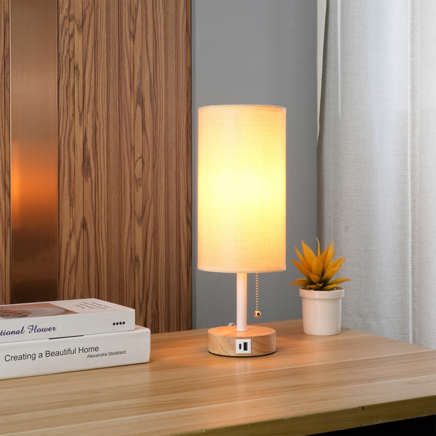 Brilagi - Tischlampe mit USB-Anschluss TABLON 1xE27/25W/230V Eiche/weiß/beige