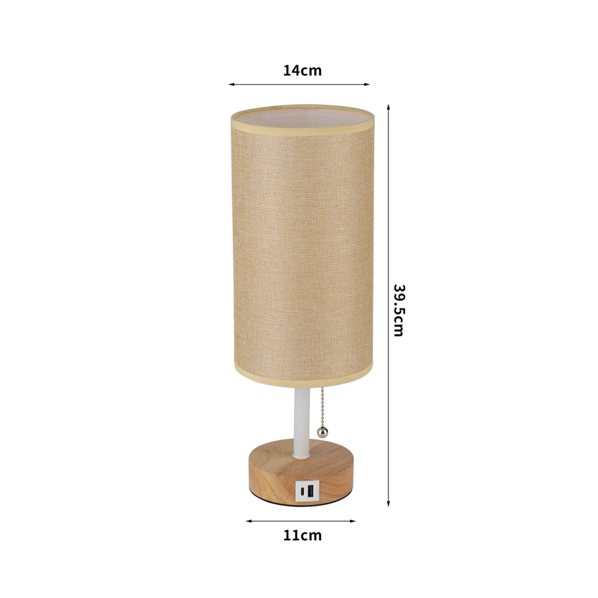 Brilagi - Tischlampe mit USB-Anschluss TABLON 1xE27/25W/230V Eiche/weiß/beige
