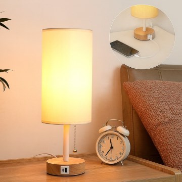 Brilagi - Tischlampe mit USB-Anschluss TABLON 1xE27/25W/230V Eiche/Weiß/Creme