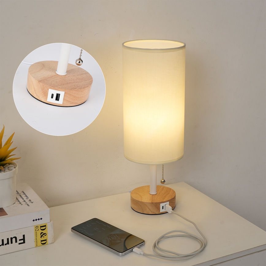 Brilagi - Tischlampe mit USB-Anschluss TABLON 1xE27/25W/230V Eiche/Weiß/Creme